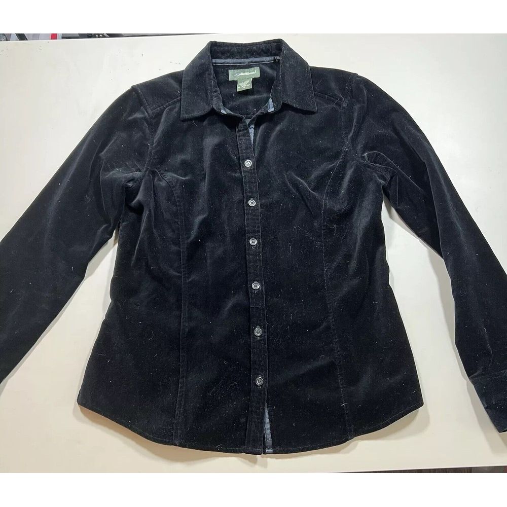 Eddie Bauer Womens Black Velvet Button Down Shirt Long Sleeve Cotton Size S 6313